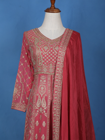 Pink Floral Embroidered Georgette Lehenga Set - Diadem