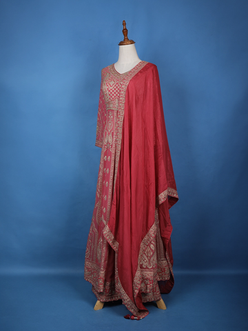Pink Floral Embroidered Georgette Lehenga Set - Diadem