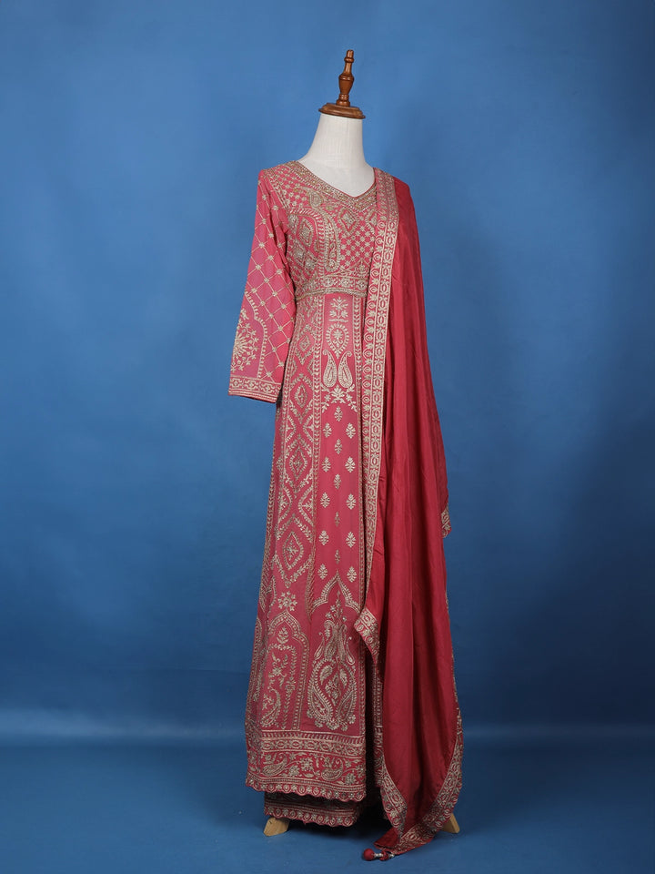 Pink Floral Embroidered Georgette Lehenga Set - Diadem