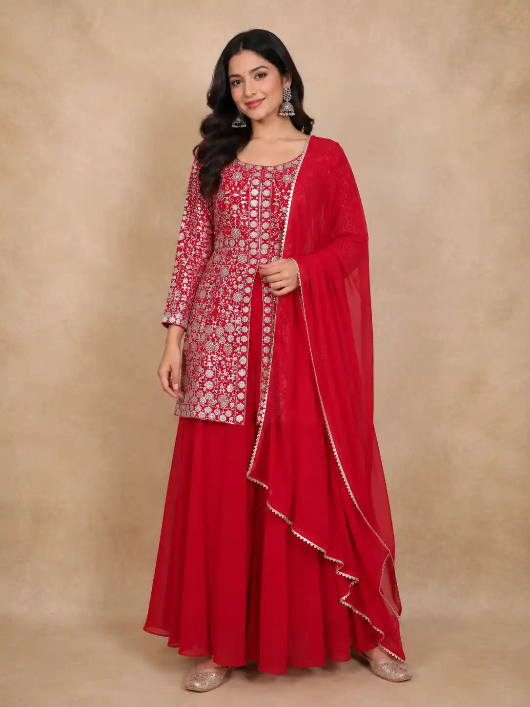 Pink Floral Embroidered Georgette Peplum Palazzo Suit with Dupatta