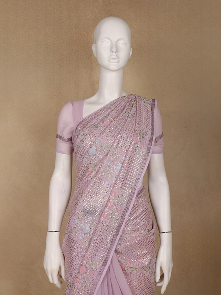 Pink Floral Embroidered Sequin Georgette Saree - Diadem