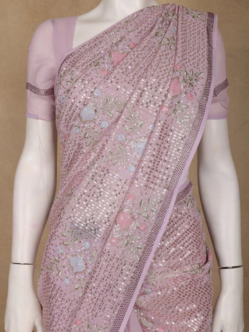 Pink Floral Embroidered Sequin Georgette Saree - Diadem