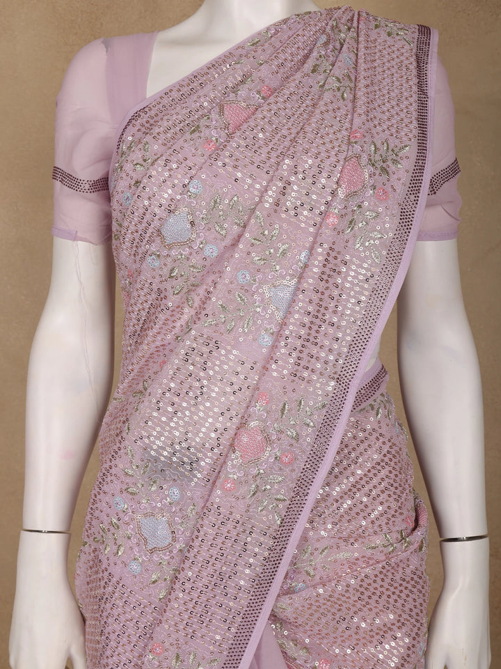 Pink Floral Embroidered Sequin Georgette Saree - Diadem