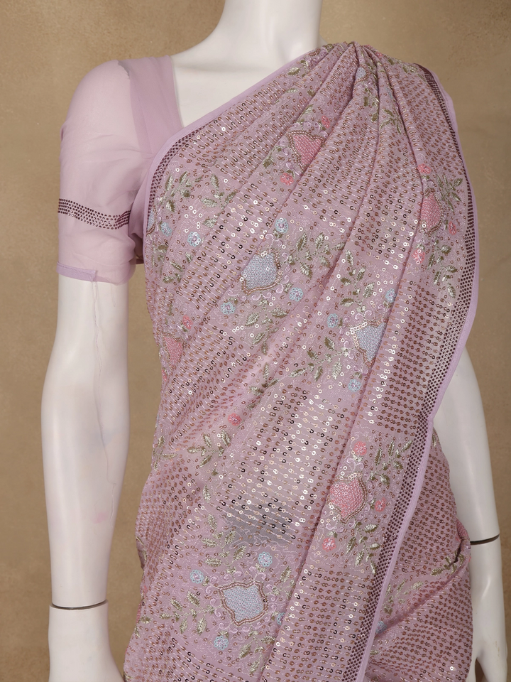 Pink Floral Embroidered Sequin Georgette Saree - Diadem