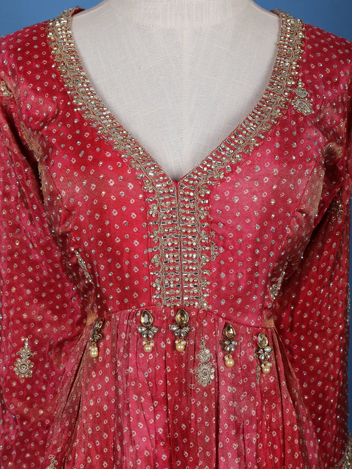 Pink Floral Motif Bead Work Georgette Gown - Diadem