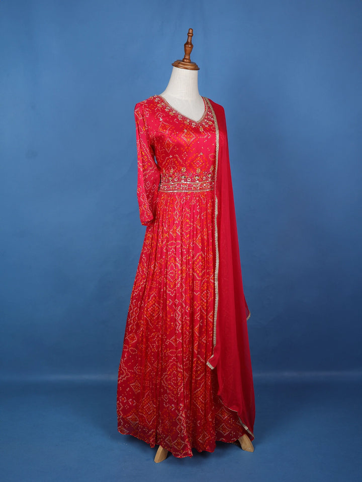 Pink Floral Print Chiffon Partywear Gown - Diadem