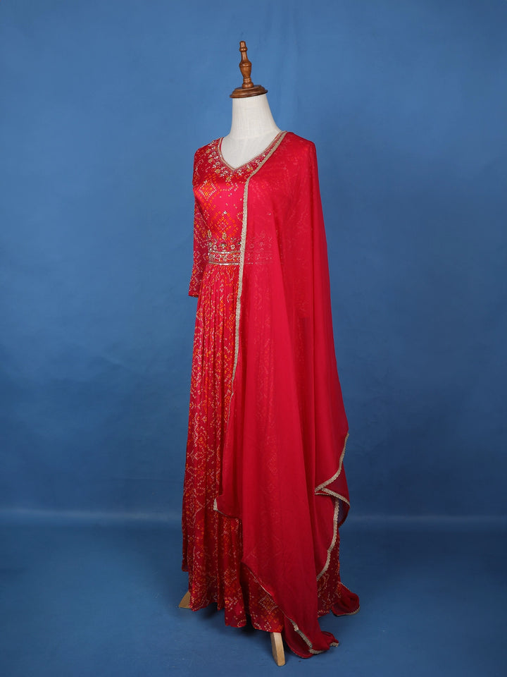 Pink Floral Print Chiffon Partywear Gown - Diadem