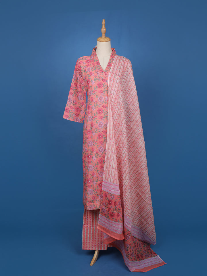 Pink Floral Printed Cotton Salwar Suit with Striped Dupatta - Diadem