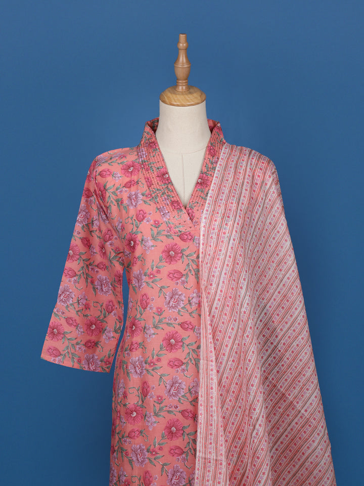 Pink Floral Printed Cotton Salwar Suit with Striped Dupatta - Diadem