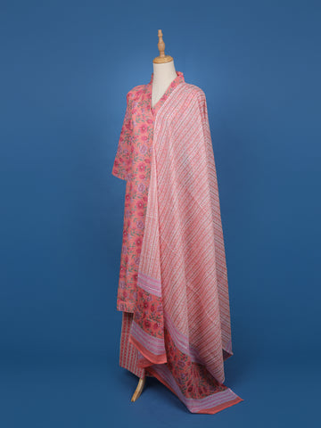 Pink Floral Printed Cotton Salwar Suit with Striped Dupatta - Diadem
