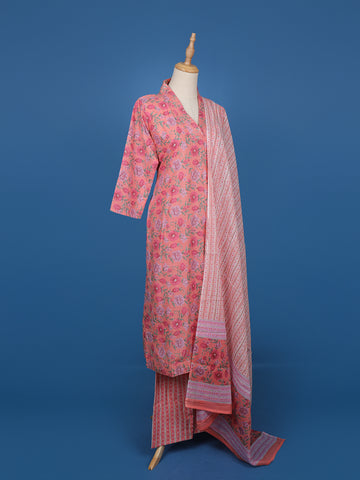 Pink Floral Printed Cotton Salwar Suit with Striped Dupatta - Diadem