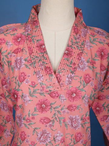 Pink Floral Printed Cotton Salwar Suit with Striped Dupatta - Diadem