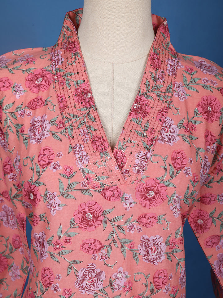 Pink Floral Printed Cotton Salwar Suit with Striped Dupatta - Diadem