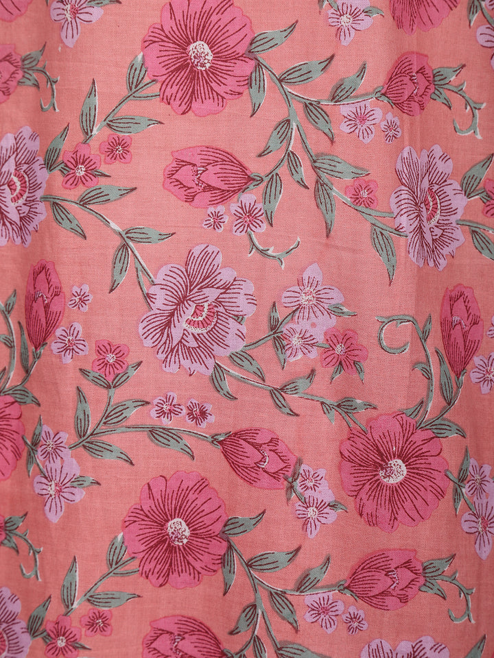 Pink Floral Printed Cotton Salwar Suit with Striped Dupatta - Diadem