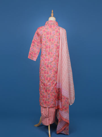 Pink Floral Printed Cotton Salwar Suit with Striped Dupatta - Diadem