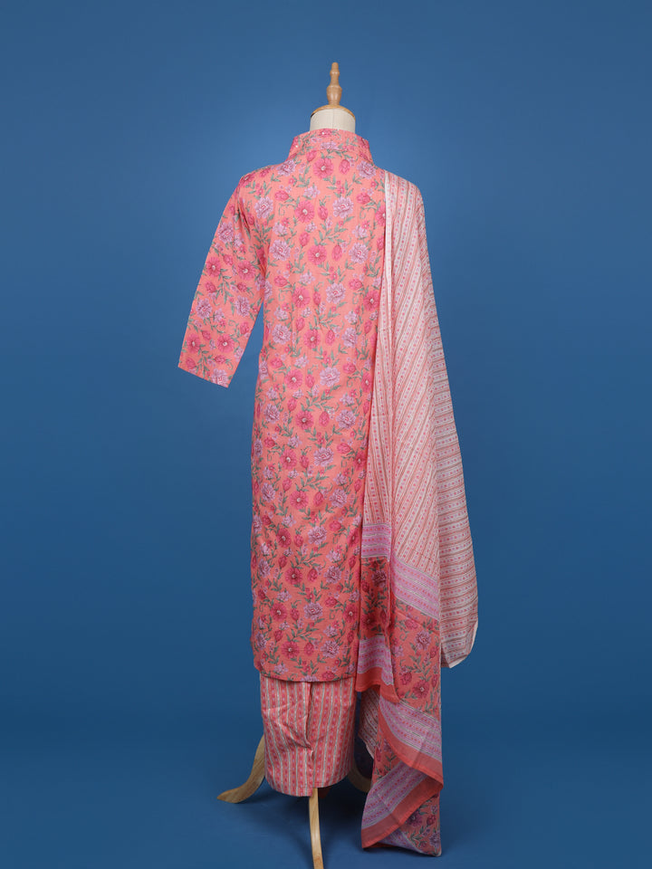 Pink Floral Printed Cotton Salwar Suit with Striped Dupatta - Diadem