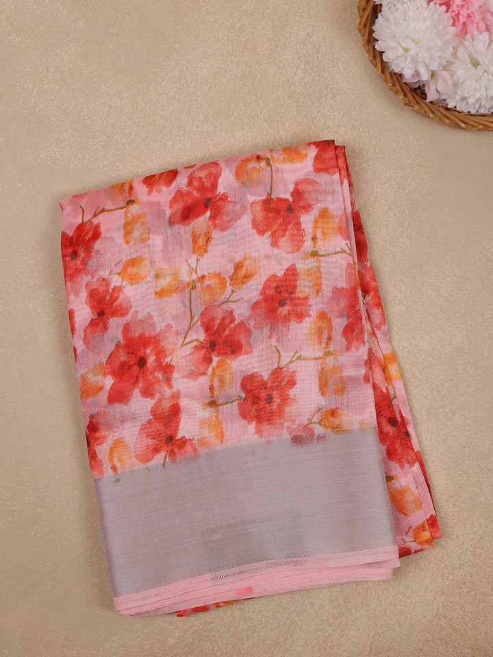 Pink Floral Printed Fancy Cotton Saree - Diadem