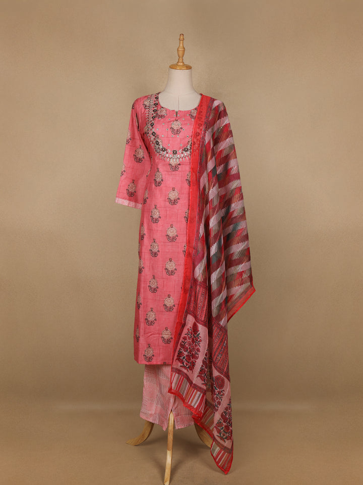 Pink Floral Printed Semi Silk Salwar Suit - Diadem