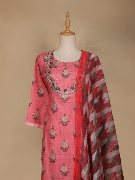 Pink Floral Printed Semi Silk Salwar Suit - Diadem