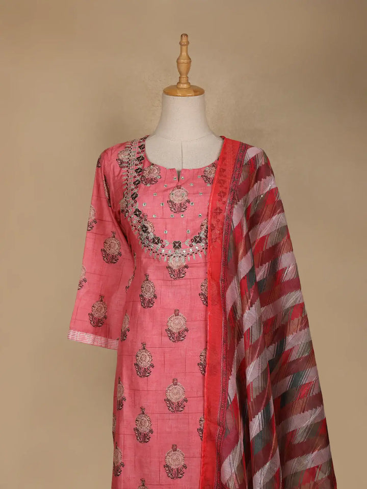 Pink Floral Printed Semi Silk Salwar Suit - Diadem