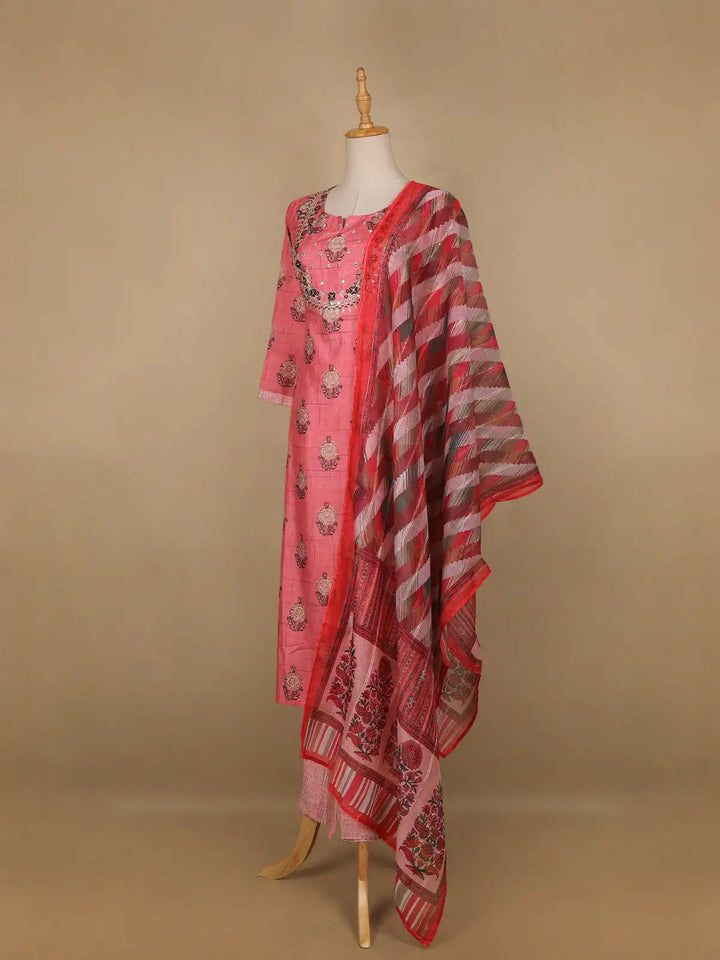 Pink Floral Printed Semi Silk Salwar Suit - Diadem