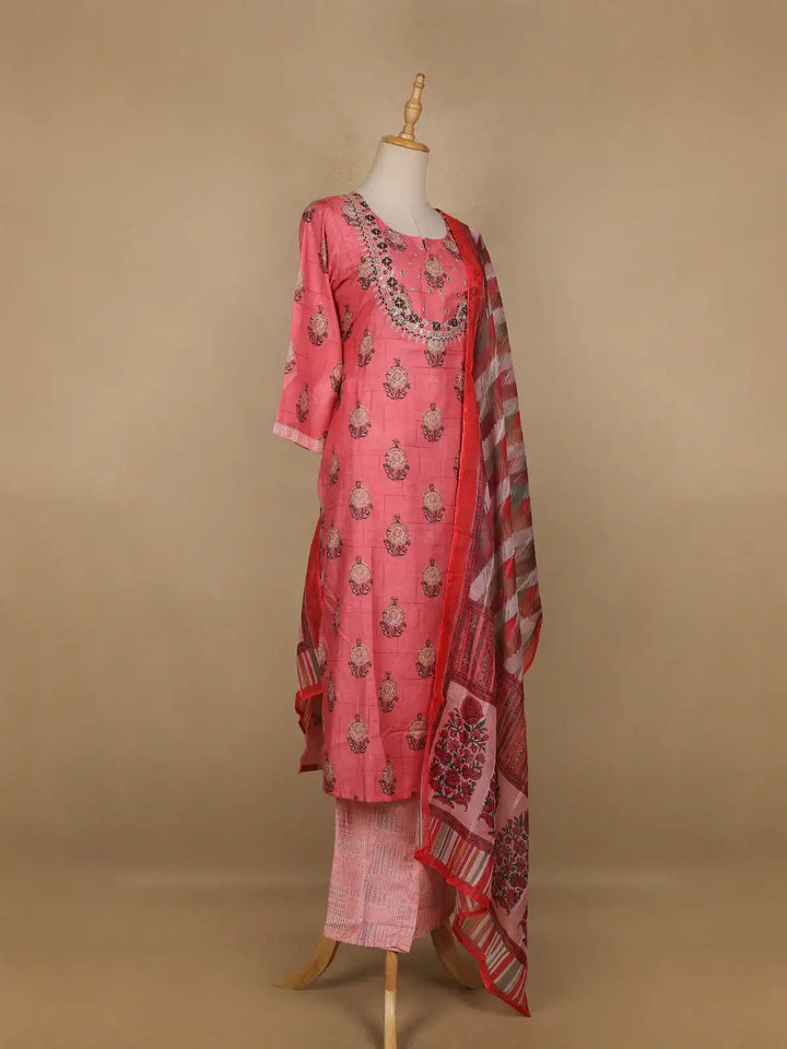 Pink Floral Printed Semi Silk Salwar Suit - Diadem