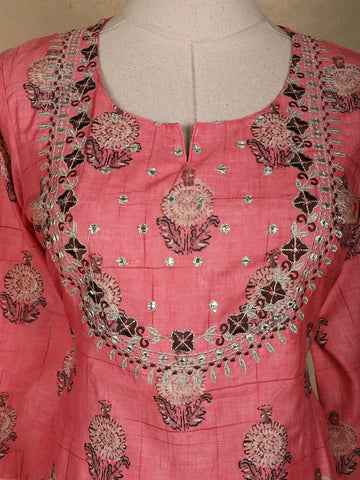 Pink Floral Printed Semi Silk Salwar Suit - Diadem