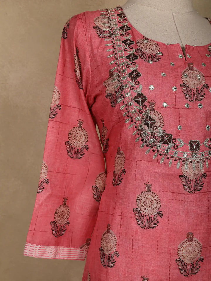Pink Floral Printed Semi Silk Salwar Suit - Diadem