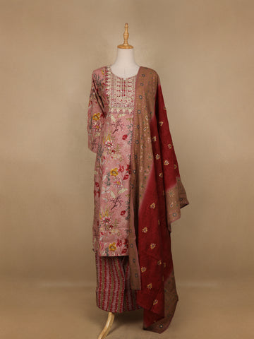Pink Floral Printed Semi Silk Salwar Suit - Diadem