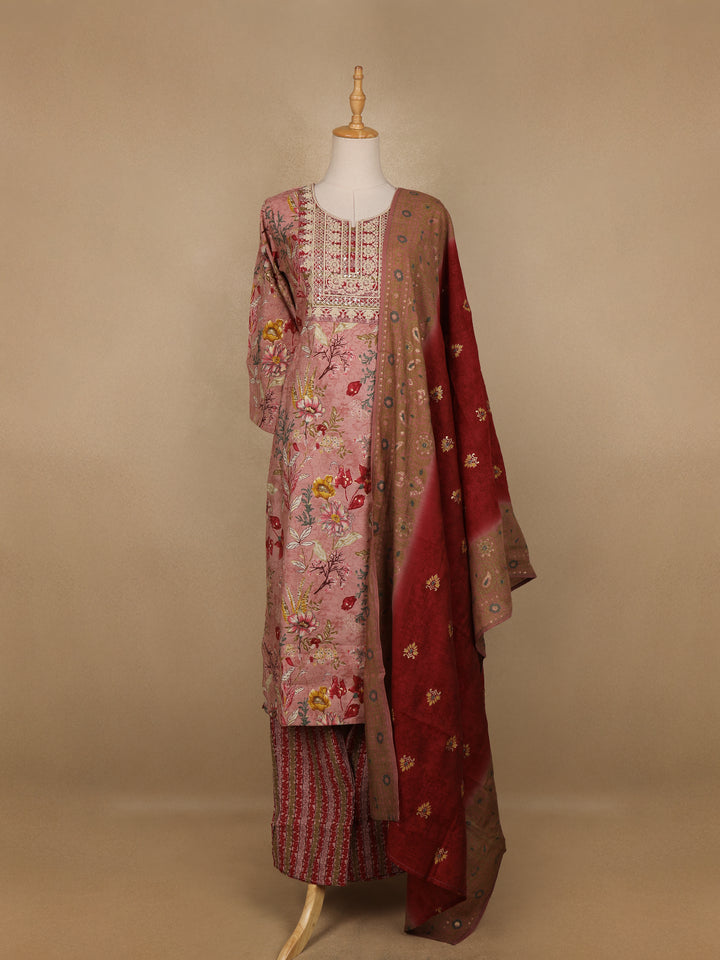 Pink Floral Printed Semi Silk Salwar Suit - Diadem
