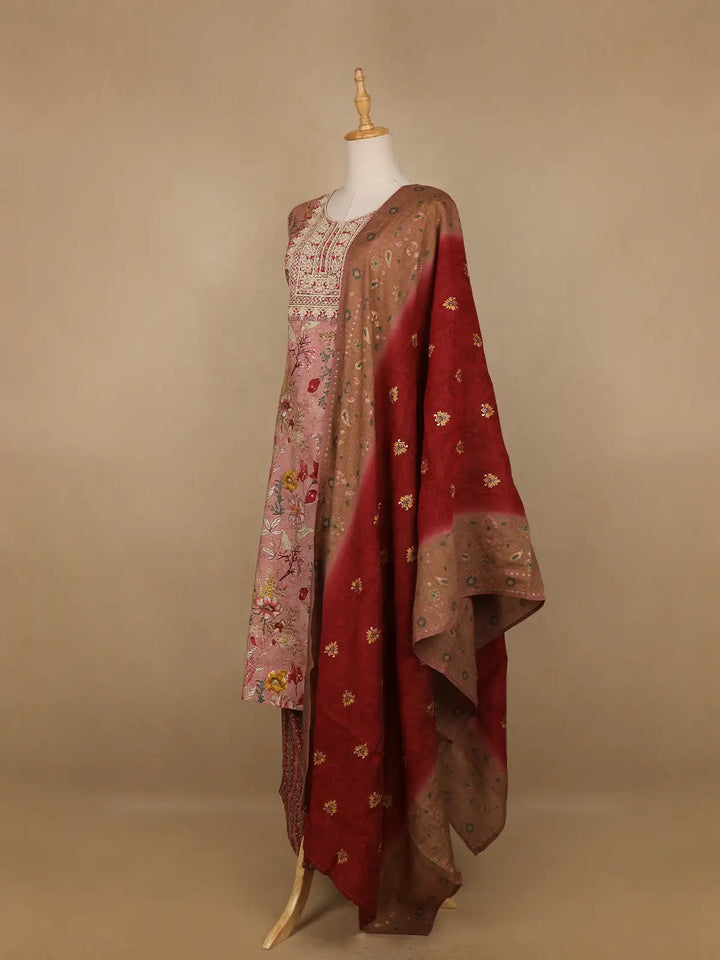 Pink Floral Printed Semi Silk Salwar Suit - Diadem