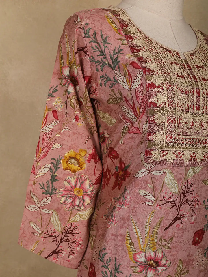 Pink Floral Printed Semi Silk Salwar Suit - Diadem