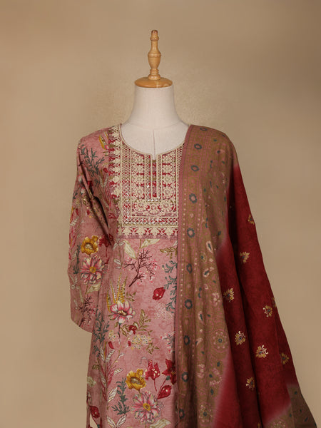 Pink Floral Printed Semi Silk Salwar Suit - Diadem