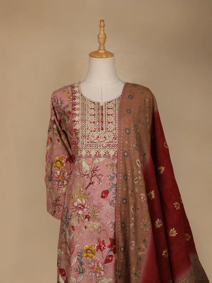 Pink Floral Printed Semi Silk Salwar Suit - Diadem