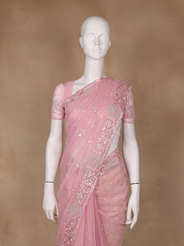 Pink Floral Sequin Embroidered Organza Designer Saree - Diadem