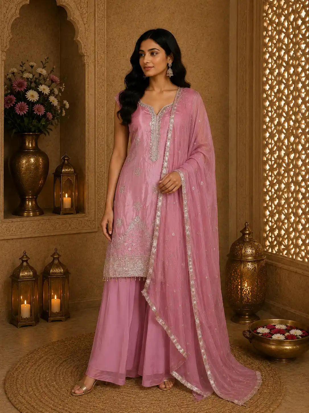 Pink Floral Sequins And Beads Embroidered Design Organza Palazzo Suit with Dupatta