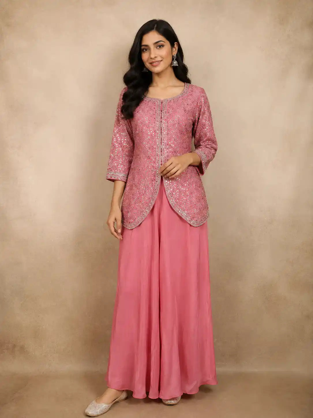 Pink Floral Sequins Embroidered Georgette Peplum Palazzo Suit with Choker Dupatta