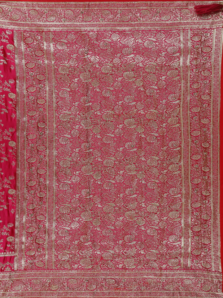 Pink Floral Weave and Stone Work Banarasi Silk Saree - Diadem