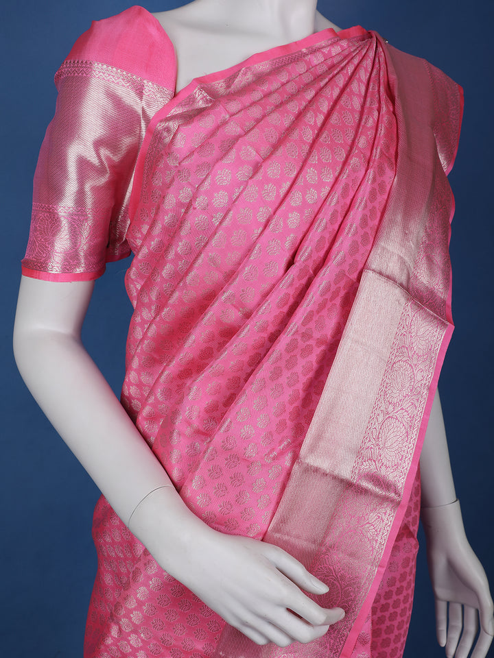 Pink Floral Woven Pure Kanchipuram Silk Saree - Diadem