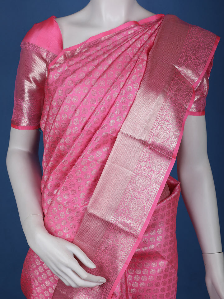 Pink Floral Woven Pure Kanchipuram Silk Saree - Diadem
