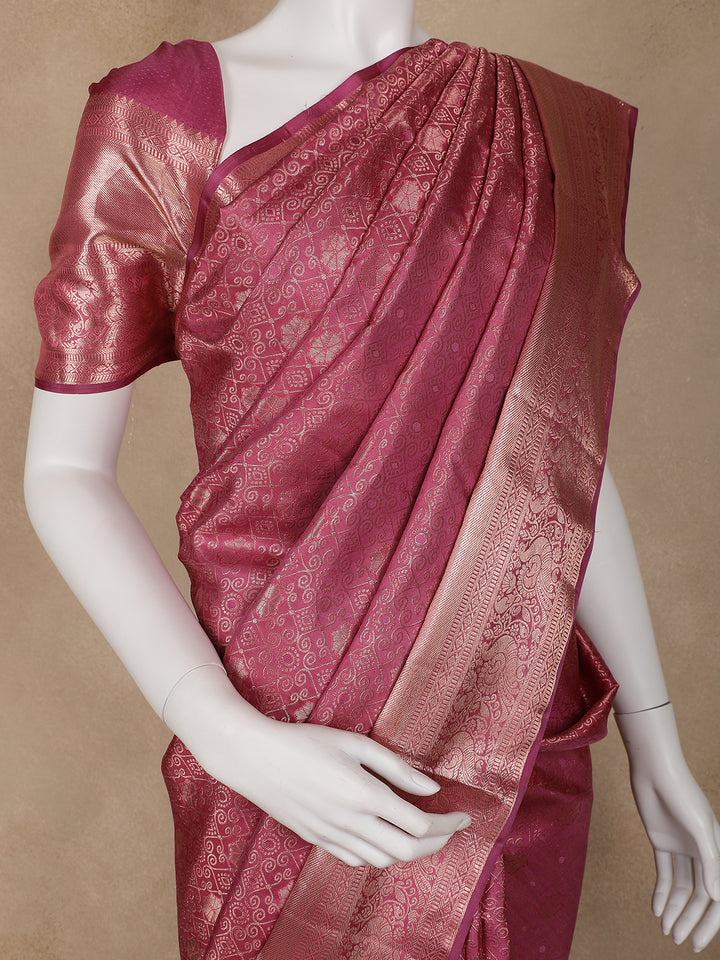 Pink Floral Woven Pure Kanchipuram Silk Saree - Diadem