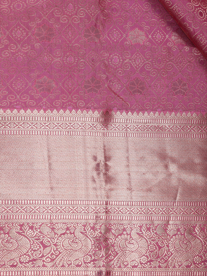 Pink Floral Woven Pure Kanchipuram Silk Saree - Diadem