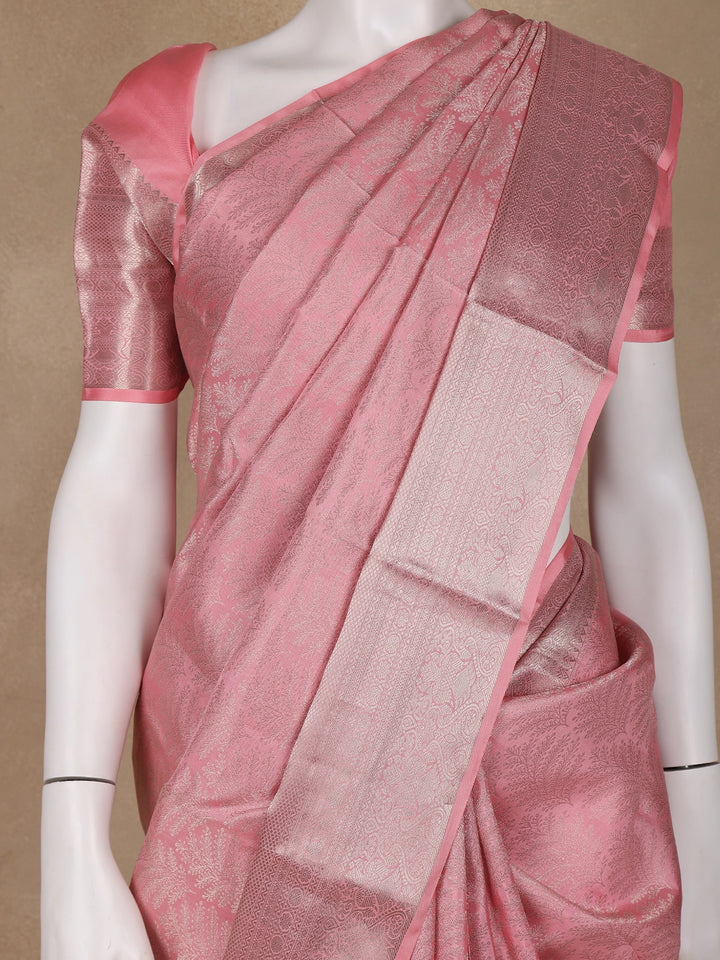 Pink Floral Woven Pure Kanchipuram Silk Saree - Diadem