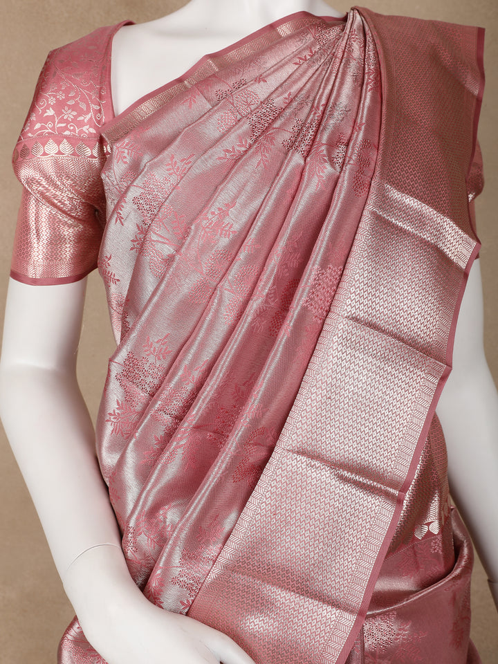 Pink Floral Woven Pure Kanchipuram Silk Saree - Diadem