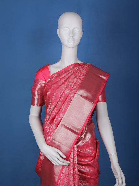 Pink Floral Woven Pure Kanchipuram Silk Saree - Diadem
