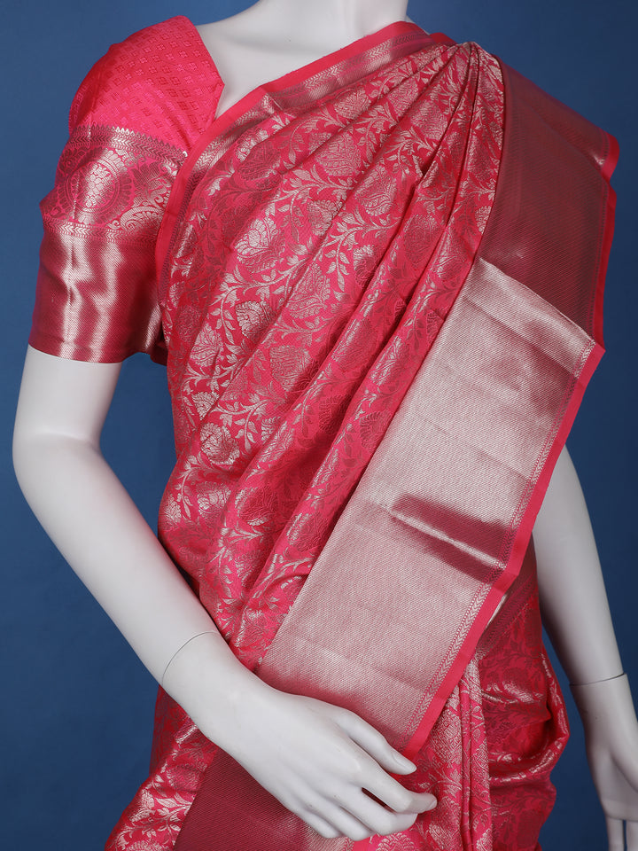 Pink Floral Woven Pure Kanchipuram Silk Saree - Diadem