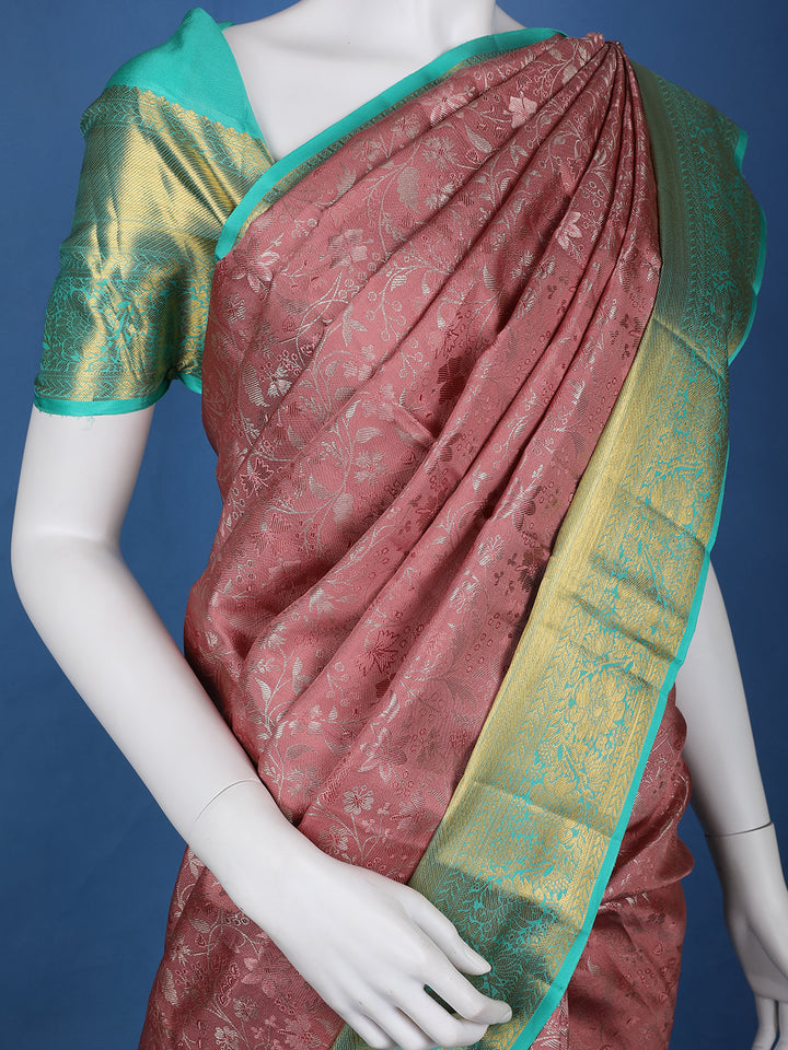 Pink Floral Woven Pure Kanchipuram Silk Saree - Diadem