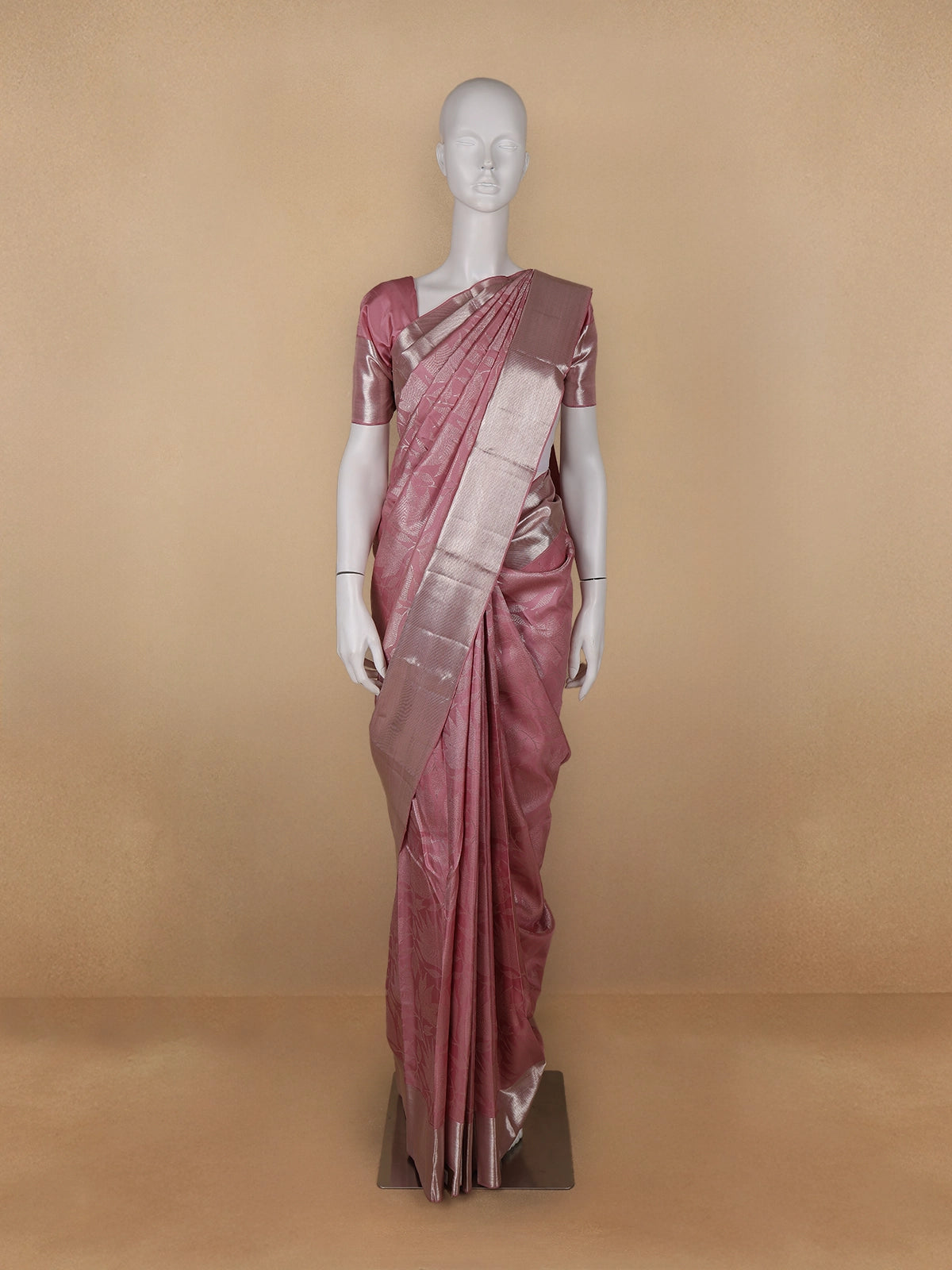 Pink Floral and leaf Woven Pure Kanchipuram Silk Saree - Diadem