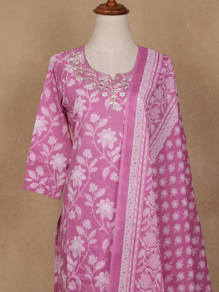 Pink Floral Design Printed Cotton Salwar Suit - Diadem