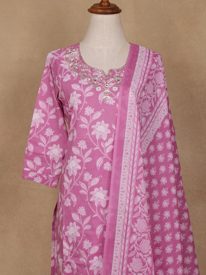 Pink Floral Design Printed Cotton Salwar Suit - Diadem